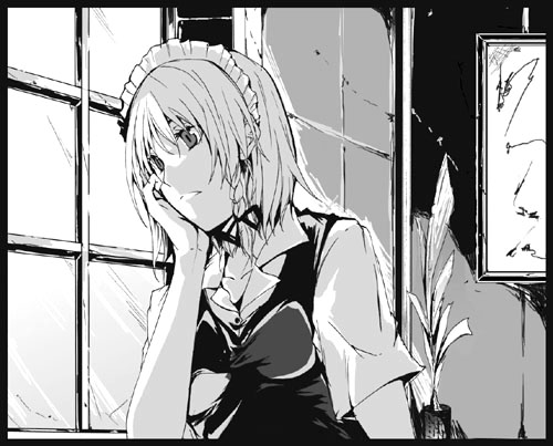 chin_rest expressionless greyscale hamayumiba_sou indoors izayoi_sakuya looking_away looking_out_window lowres monochrome solo touhou window