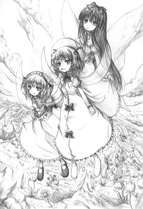 bow cloud cloudy_sky dress fairy_wings flower flying full_body greyscale hair_bow hat hime_cut kurona long_hair long_sleeves luna_child monochrome multiple_girls shoes sketch sky star_sapphire sunny_milk touhou wings