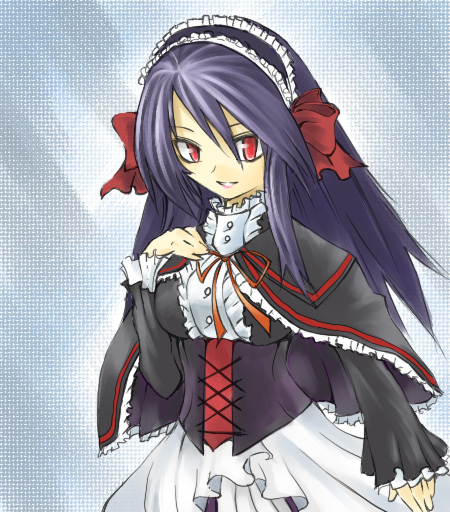 april_(coyote_ragtime_show) artist_request blue_hair bow breasts capelet corset coyote_ragtime_show dress frills headdress long_hair long_sleeves medium_breasts red_eyes simple_background skirt solo