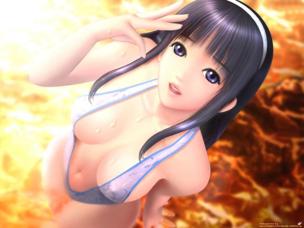 3d :d artist_request bangs beach bikini black_hair blue_eyes blunt_bangs breasts cleavage covered_nipples dutch_angle from_above hairband iijima_rika large_breasts lipstick long_hair looking_up makeup navel open_mouth outdoors sexy_beach sexy_beach_2 sideboob slingshot_swimsuit smile solo standing summer sunset swimsuit wading wallpaper water watermark wet
