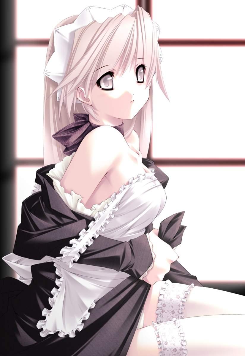 bare_shoulders collar copyright_request frilled_legwear frills garters gothic guilty_troop_factory hairband highres jian long_sleeves maid pale_skin panties pantyshot solo thighhighs underwear white_eyes white_hair white_legwear white_panties