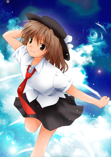 artist_request black_skirt bow brown_eyes brown_hair cloud day hand_on_headwear hat hat_bow looking_at_viewer necktie shirt short_hair short_sleeves skirt smile solo standing standing_on_one_leg touhou usami_renko white_bow white_shirt