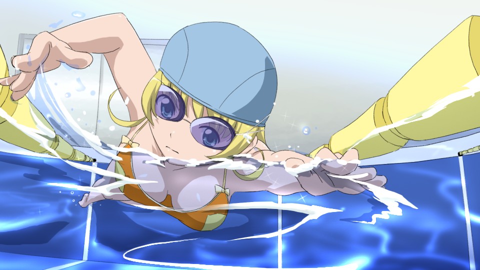 blonde_hair blue_eyes casual_one-piece_swimsuit door downblouse fisheye foreshortening goggles indoors lane_line one-piece_swimsuit partially_submerged pool sanshita screencap solo swim_cap swimming swimsuit tokimeki_memorial tokimeki_memorial_only_love water wet