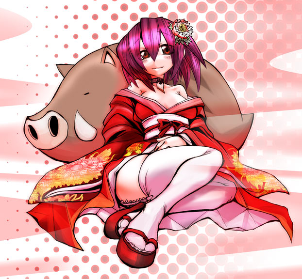 boar copyright_request japanese_clothes kimono kobayashi_tetsuya long_sleeves new_year purple_hair red_eyes solo thighhighs
