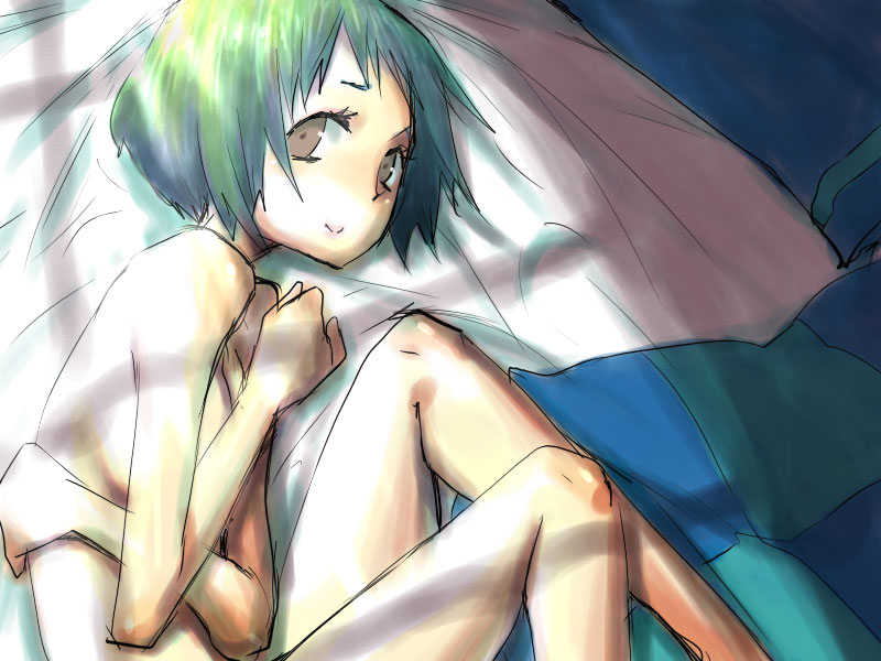 brown_eyes covering covering_breasts green_hair looking_at_viewer lying nude on_back on_side persona persona_3 short_hair smile solo suminohirune window_shade yamagishi_fuuka