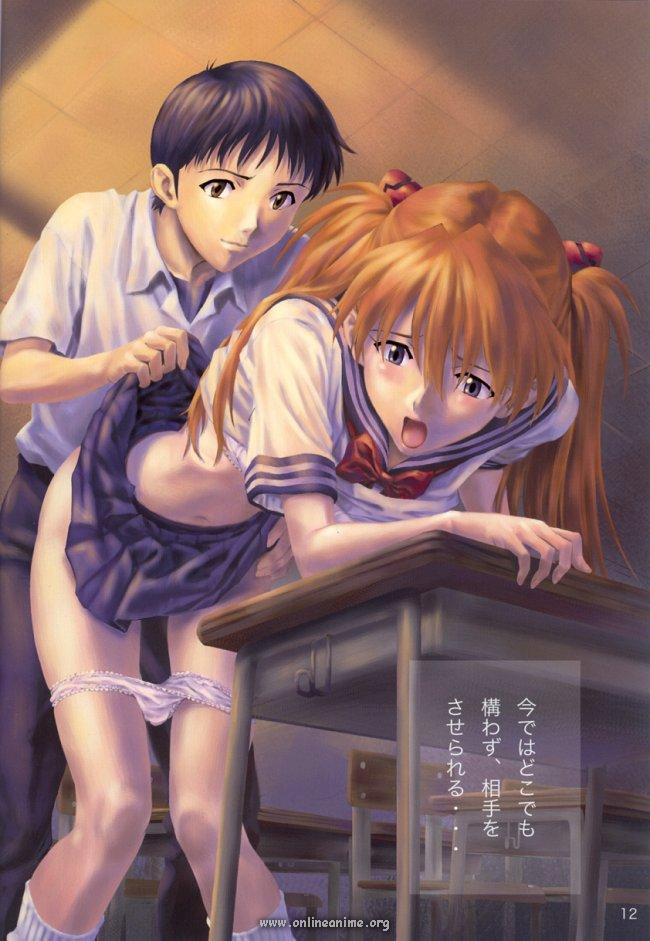 1girl ass ass_grab bent_over blue_eyes blush brown_eyes brown_hair clothed_sex doggystyle hetero ikari_shinji izurumi lace lace-trimmed_panties navel neon_genesis_evangelion non-web_source open_mouth orange_hair panties panty_pull pink_panties school_uniform serafuku sex shirt_lift skirt skirt_lift socks souryuu_asuka_langley translation_request twintails underwear vaginal white_legwear white_panties