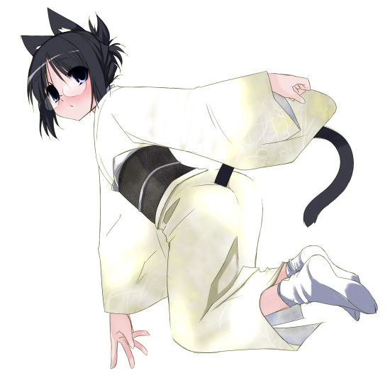 aka_ume animal_ears cat_ears copyright_request feet glasses japanese_clothes kimono long_sleeves solo tabi tail