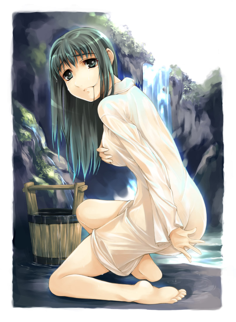 barefoot breast_hold breasts bucket covering feet from_behind green_eyes green_hair hair_in_mouth large_breasts long_hair long_sleeves looking_back one_knee original see-through simosi solo water waterfall wet wet_clothes