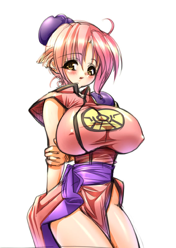 :o ahoge armor arms_behind_back bangs blush breasts bun_cover china_dress chinese_clothes covered_nipples cowboy_shot dragon_quest dragon_quest_dai_no_daibouken dress gunner-l high_collar holding_arm huge_breasts looking_at_viewer maam open_mouth parted_bangs pauldrons pink_dress pink_hair sash short_hair short_sleeves side_slit simple_background sketch solo taut_clothes taut_dress white_background yellow_eyes