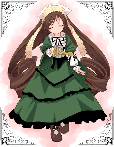 brown_hair dress drill_hair frills hat holding long_hair long_sleeves ribbon rozen_maiden shoes solo suiseiseki tatsukichi twin_drills twintails watering_can