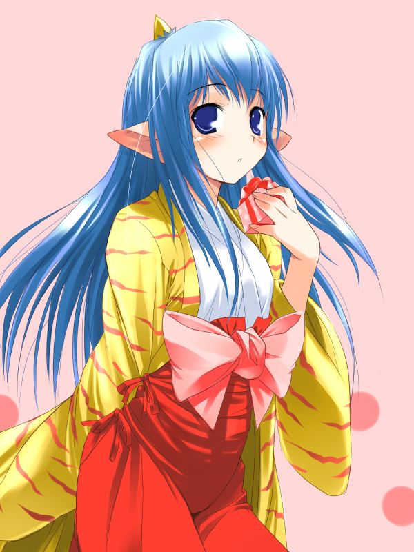 blue_eyes blue_hair bow demon_girl gift hakama hima holding holding_gift horn japanese_clothes long_sleeves miko momotarou_densetsu oni pointy_ears red_hakama solo yasha