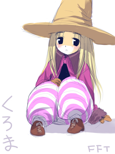 black_mage black_mage_(fft) blonde_hair final_fantasy final_fantasy_tactics hat hima horizontal_stripes knees_up long_sleeves looking_at_viewer lowres puffy_pants purple_eyes simple_background solo striped white_background witch_hat