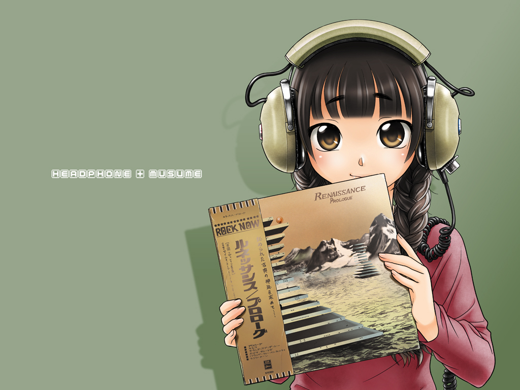 bangs black_hair blunt_bangs blush braid cable green_background hair_over_shoulder headphone_+_musume headphones holding koss light_smile long_hair long_sleeves looking_at_viewer mountain orange_eyes original otakubeam record record_jacket renaissance_(band) shadow shirt simple_background sky smile solo stairs twin_braids twintails upper_body wallpaper water