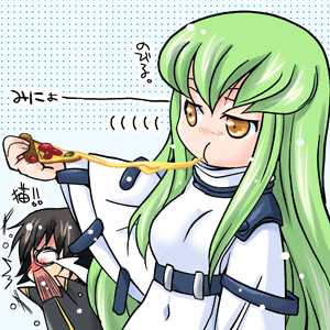 1girl artist_request bangs bodysuit c.c. cheese_trail code_geass food green_hair holding_pizza lelouch_lamperouge long_sleeves lowres pizza slice_of_pizza straitjacket white_bodysuit