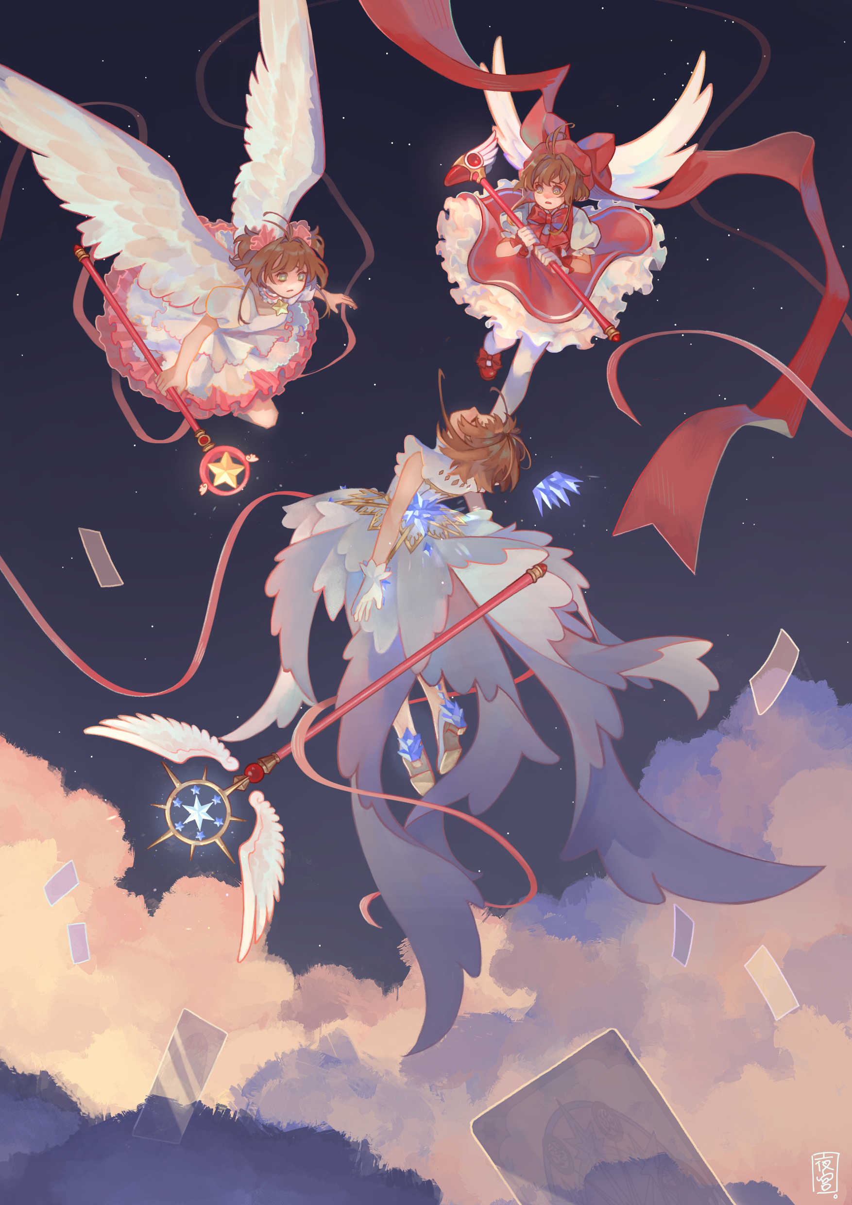 3girls absurdres angel_wings antenna_hair bangs bow brown_hair card card_captor_sakura choker clear_card cloud commentary dress falling feathered_wings flying frilled_dress frills fuuin_no_tsue gloves green_eyes hair_ornament hat hat_ribbon highres holding holding_wand hoshi_no_tsue kinomoto_sakura layered_dress magical_girl multiple_girls multiple_persona night night_sky pink_ribbon puffy_short_sleeves puffy_sleeves red_bow red_dress red_footwear red_ribbon ribbon short_hair short_sleeves short_twintails sidelocks sky sophie_usui star star_(sky) star_choker twintails wand white_dress white_gloves white_wings wings yume_no_tsue