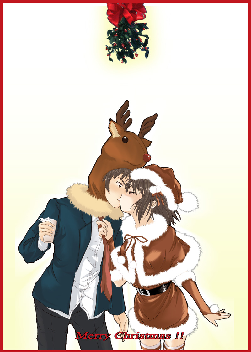 1girl alternate_costume animal_costume animal_hood antlers bangs belt blazer blush border bridal_gauntlets buttons capelet christmas closed_eyes cowboy_shot cup dress drink from_side fur_trim grey_eyes grey_hair hair_ribbon hetero holding holly hood jacket kiss kita_high_school_uniform kyon long_sleeves merry_christmas mistletoe necktie necktie_grab neckwear_grab osuzu_akiomi outline pants parted_lips profile red_nose red_skirt reindeer_antlers reindeer_costume ribbon santa_costume school_uniform shirt short_dress short_hair skirt spill standing surprise_kiss surprised suzumiya_haruhi suzumiya_haruhi_no_yuuutsu thighhighs white_legwear yellow_background zettai_ryouiki