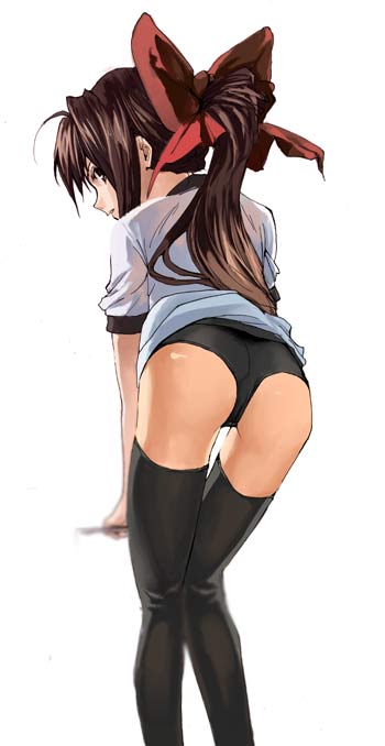 ahoge artist_request ass bent_over bow brown_eyes brown_hair buruma copyright_request gym_uniform hair_bow long_hair looking_back ponytail solo thighhighs