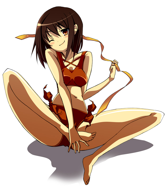 bikini blush brown_hair one_eye_closed ribbon short_hair solo suzumiya_haruhi suzumiya_haruhi_no_yuuutsu swimsuit yuutarou