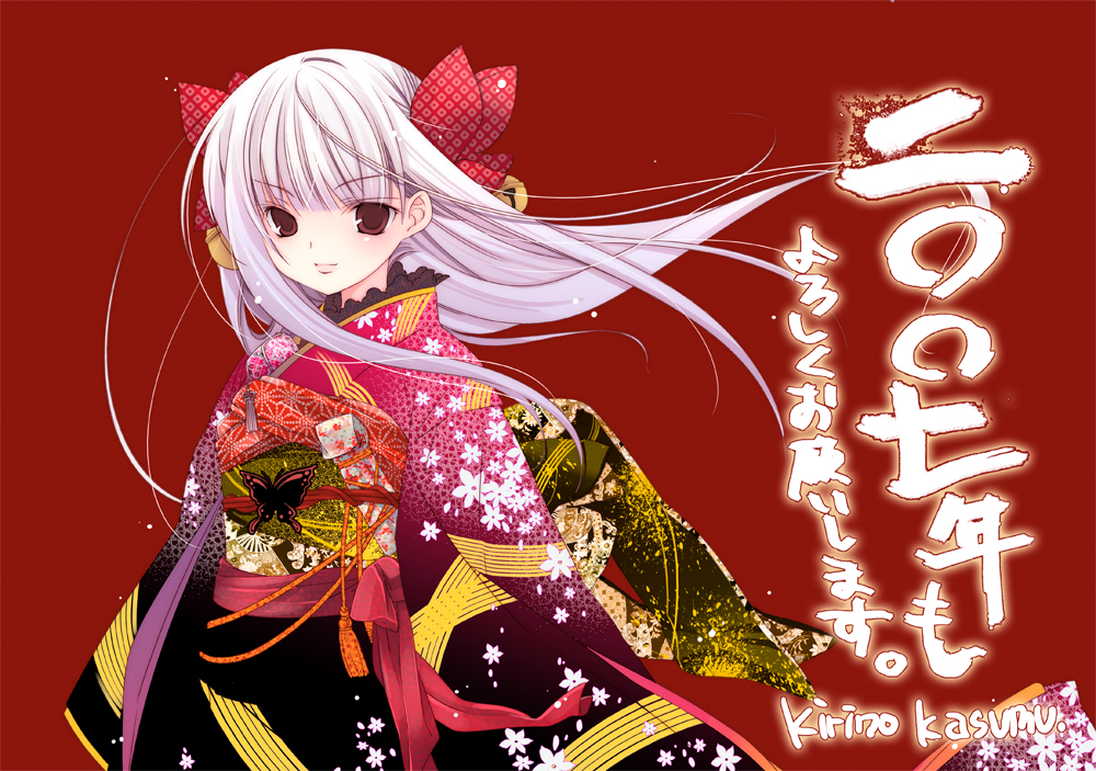 asa_no_ha_(pattern) bow copyright_request japanese_clothes kimono kirino_kasumu long_hair new_year red_background red_eyes silver_hair simple_background solo