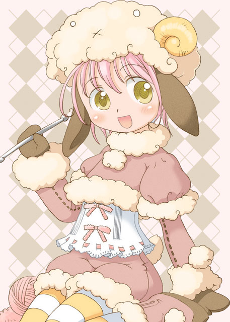 animal_ears blush copyright_request corset crochet hatomugi_(mamotan) horns monster_girl pantyhose pink_hair sheep sheep_ears sheep_girl solo striped younger