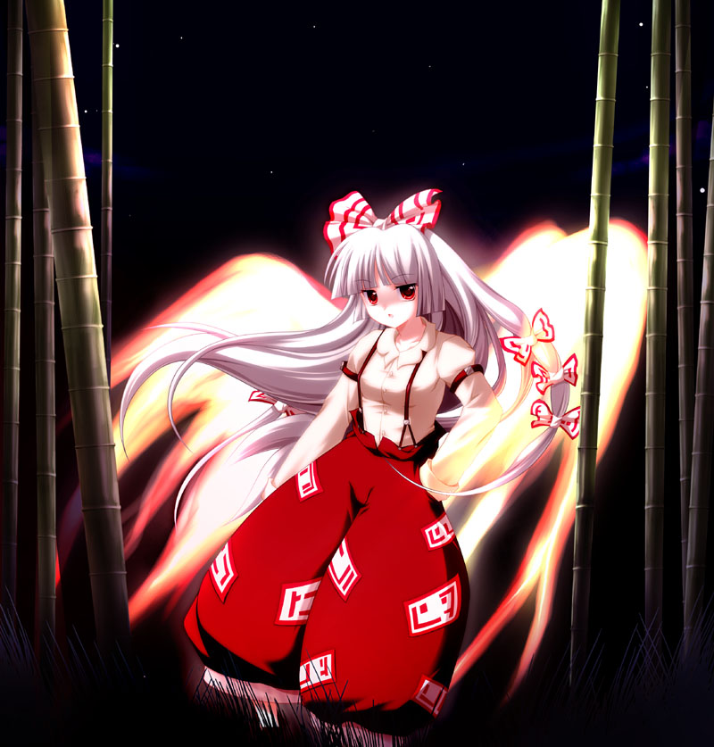 :o bamboo bamboo_forest bangs bow fiery_wings forest fujiwara_no_mokou hair_bow long_hair long_sleeves maroppe nature night pants red_eyes ribbon silver_hair solo suspenders touhou wings