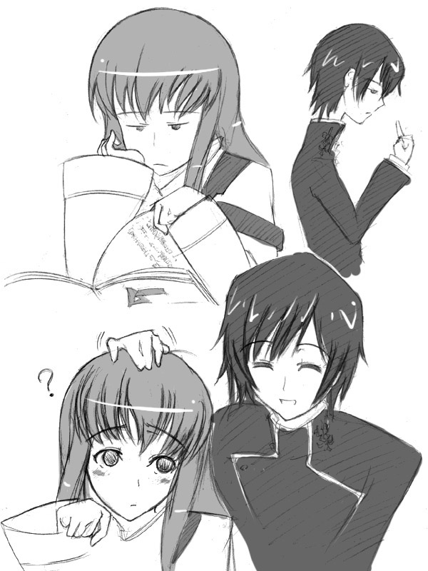 1girl ? ^_^ abubu bangs bare_shoulders blush c.c. closed_eyes code_geass detached_sleeves dress from_side greyscale half-closed_eyes lelouch_lamperouge long_hair long_sleeves monochrome petting profile sidelocks simple_background upper_body white_background
