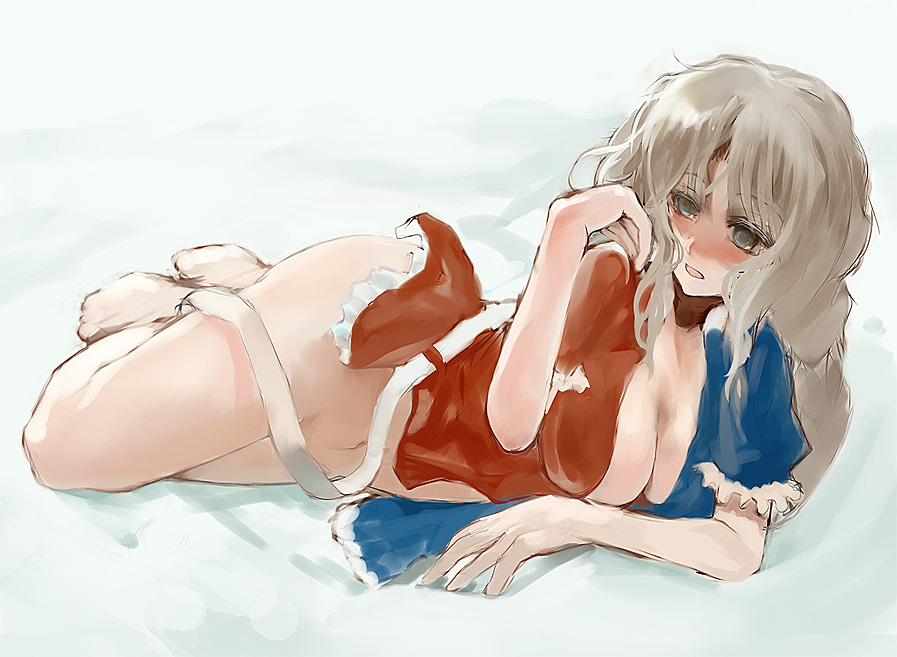 adjusting_hair alternate_hairstyle arm_support bangs barefoot blush bottomless breasts cleavage grey_eyes grey_hair hands hips large_breasts legs long_hair lying navel no_bra nokishita nose_blush on_bed on_side open_clothes open_mouth open_shirt sash shirt sketch solo touhou wavy_hair yagokoro_eirin