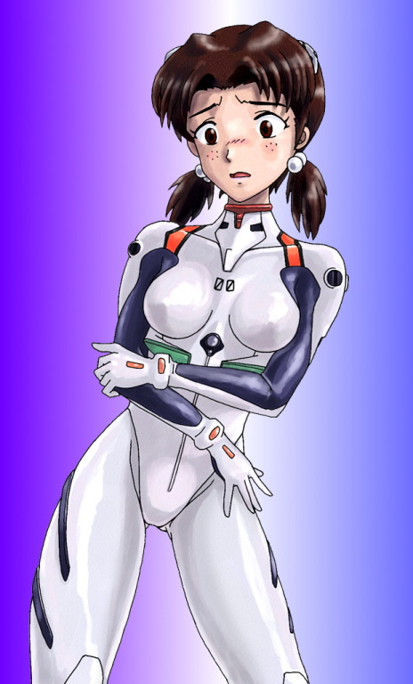 :o ayanami_rei ayanami_rei_(cosplay) blue_background blush bodysuit bracer breasts brown_eyes brown_hair collarbone contrapposto cosplay cowboy_shot embarrassed erumo freckles gloves gradient gradient_background hair_bobbles hair_ornament hand_on_hip holding_arm horaki_hikari legs_apart looking_down low_twintails neon_genesis_evangelion nose_blush number open_mouth pilot_suit plugsuit purple_background raised_eyebrows short_hair short_twintails skinny small_breasts solo standing turtleneck twintails white_bodysuit