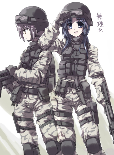 :d asakura_ryouko belt_pouch blue_eyes blue_hair camouflage chin_guard gloves goggles goggles_on_head gun helmet knee_pads knife lavender_hair load_bearing_vest long_hair long_sleeves looking_at_viewer military multiple_girls nagato_yuki open_mouth pouch shading_eyes sheath sheathed short_hair smile suzumiya_haruhi_no_yuuutsu thigh_pouch tokyo_(great_akuta) weapon yellow_eyes