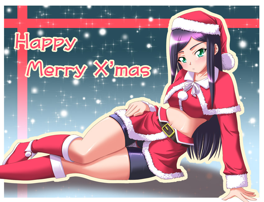 arm_support bike_shorts boots border green_eyes hat kuga_natsuki long_hair matatabi_(2ccp) merry_christmas midriff my-hime my-otome natsuki_kruger outside_border purple_hair santa_costume santa_hat snowing solo spandex