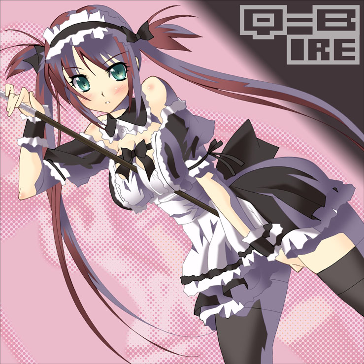 airi_(queen's_blade) between_breasts black_legwear blush breasts brown_hair detached_collar eyebrows_visible_through_hair green_eyes holding holding_weapon long_hair maid maid_headdress parted_lips queen's_blade shinozuka_atsuto solo thighhighs twintails weapon zoom_layer