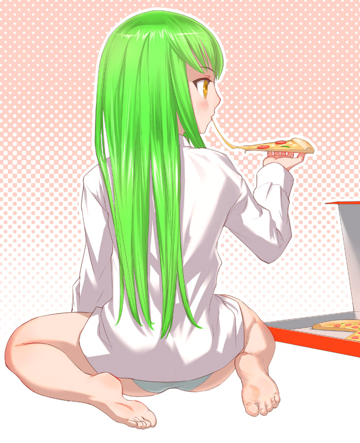 barefoot blue_panties c.c. cheese_trail code_geass feet food green_hair holding_pizza long_hair no_pants panties pizza slice_of_pizza soles solo toes underwear uni