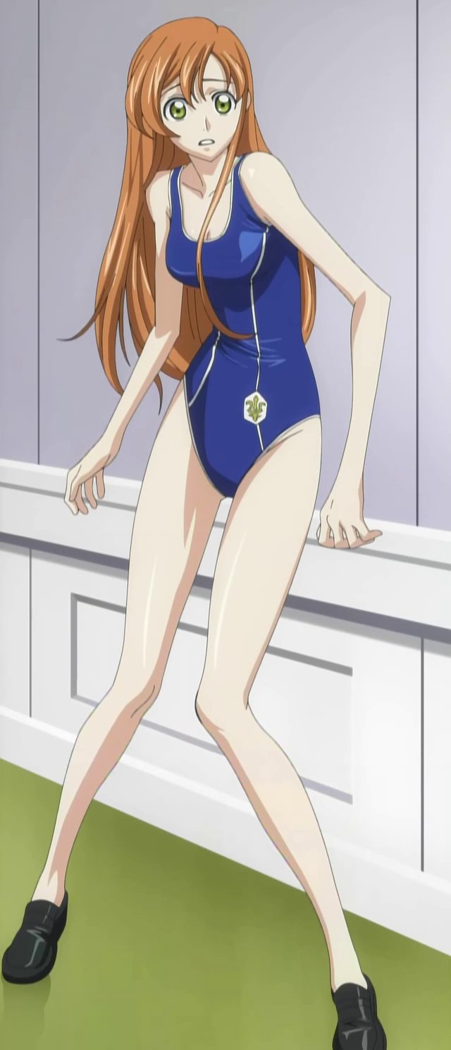 ashford_academy_swimsuit black_footwear blue_swimsuit breasts cleavage code_geass emblem emblem_request green_eyes highres indoors legs loafers long_hair medium_breasts one-piece_swimsuit open_mouth red_hair screencap shirley_fenette shoes solo stitched surprised swimsuit third-party_edit