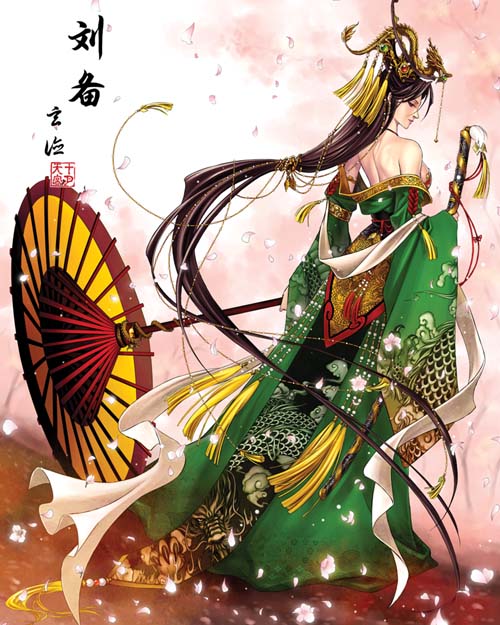 dragon dress genderswap genderswap_(mtf) headdress liu_bei long_hair long_sleeves sangoku_musou sayo_tanku shin_sangoku_musou solo sword umbrella weapon