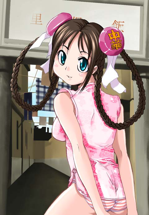 artist_request blue_eyes braid brown_hair bun_cover china china_dress chinese_clothes copyright_request double_bun dress looking_back panties solo striped striped_panties twin_braids underwear