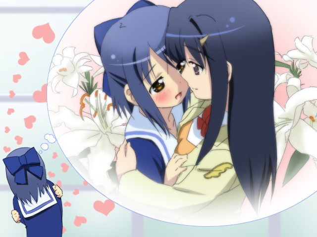 blue_hair blush bow eye_contact flower gakuen_utopia_manabi_straight! heart imagining inamori_mika lily_(flower) long_hair looking_at_another multiple_girls sanshita school_uniform seiou_gakuen_school_uniform short_hair yuri