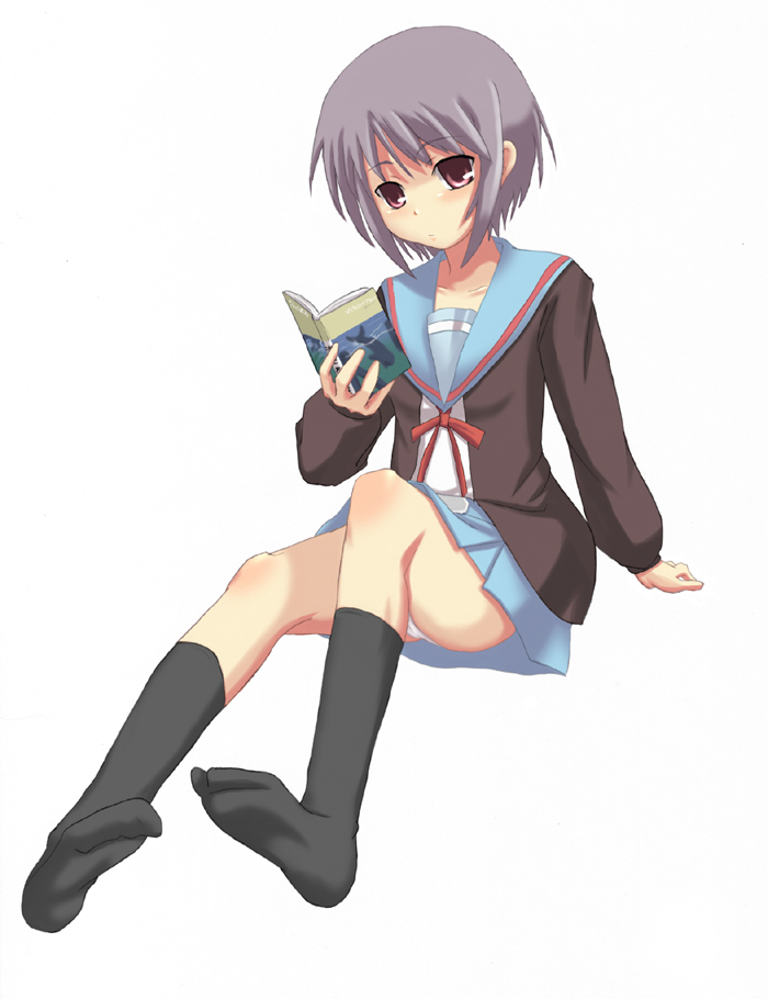 bangs blue_sailor_collar book cardigan feet kita_high_school_uniform long_sleeves nagato_yuki sailor_collar school_uniform serafuku short_hair socks solo suzumiya_haruhi_no_yuuutsu towamin