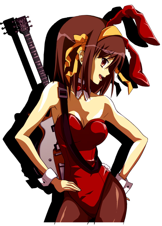 animal_ears brown_hair bunny_ears bunnysuit guitar instrument pantyhose short_hair solo suzumiya_haruhi suzumiya_haruhi_no_yuuutsu yuutarou