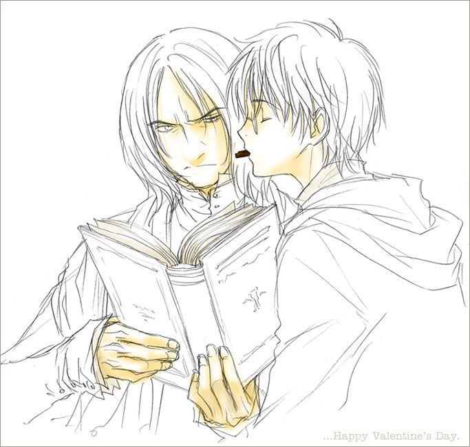 annotated book harry_james_potter harry_potter long_sleeves male_focus monochrome mouth_hold multiple_boys open_book reading severus_snape simple_background spot_color upper_body white_background yaoi yukipon