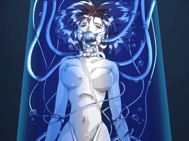 another_world_(g-crazy) araki_hideki breasts brown_hair bubble extra game_cg large_breasts machine nipples oxygen_mask solo stasis_tank topless underwater upper_body water wire