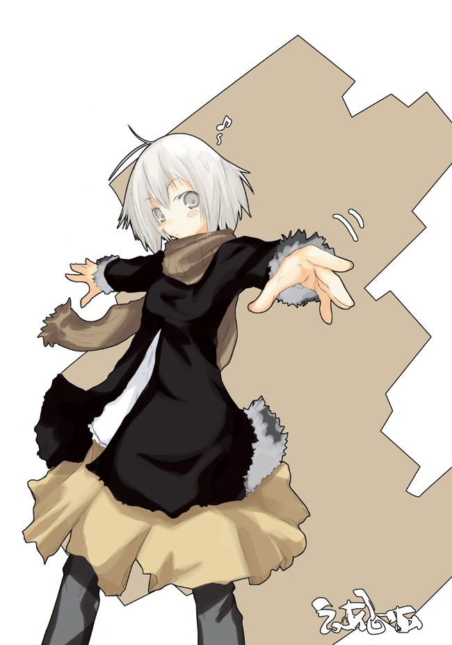 antenna_hair bangs blush_stickers eighth_note fur_trim konatsu_karasu legs_apart long_sleeves looking_at_viewer motion_lines musical_note original outstretched_arms pants pants_under_skirt scarf silver_eyes silver_hair skirt solo spread_arms standing text_focus white_hair