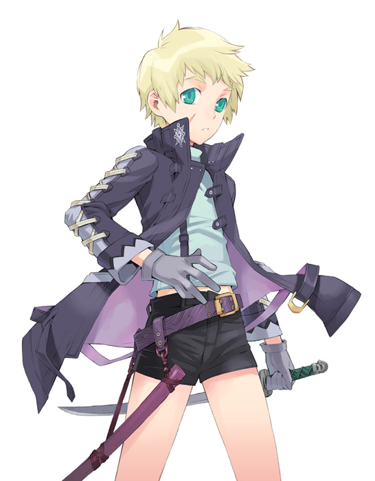 androgynous belt blonde_hair buckle fighting_stance green_eyes holding holding_weapon jacket long_sleeves looking_at_viewer nakatomi_ryou open_clothes open_jacket original sheath short_hair simple_background solo standing sword unsheathed weapon white_background