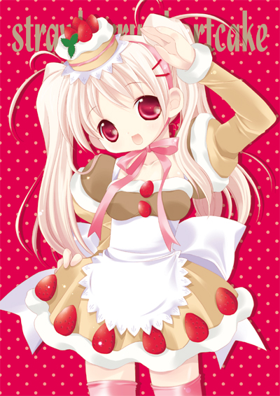 apron cake cake_dress copyright_request dress food food_as_clothes food_themed_clothes fruit hair_ornament hairclip pastry pink_hair red_eyes ribbon solo strawberry strawberry_shortcake thighhighs tokumi_yuiko twintails