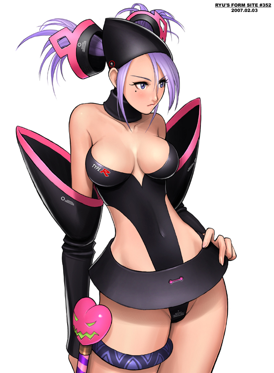 2007 black_leotard breasts cleavage collar covered_navel detached_sleeves hand_on_hip large_breasts leotard mole mole_under_eye original purple_eyes purple_hair ryu_(ryu's_former_site) science_fiction solo wand