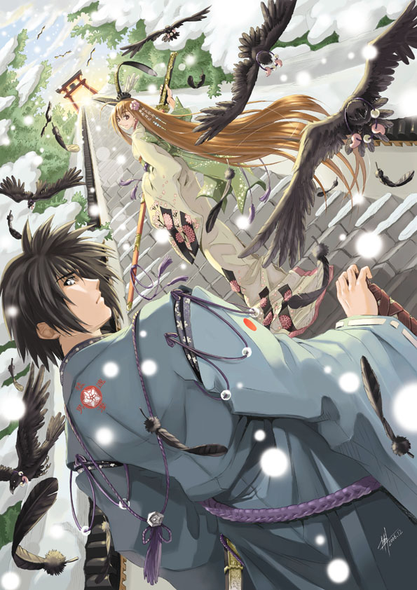 1girl animal bird black_hair brown_hair crow day dutch_angle feathers flock floral_print hair_ornament japanese_clothes katana kimono long_hair looking_at_viewer looking_back magatama obi original outdoors profile ribbon-trimmed_sleeves ribbon_trim sash sheath sheathed signature sky smile snow snowing stairs sword torii tree very_long_hair weapon yuu_(yuyukaikan)