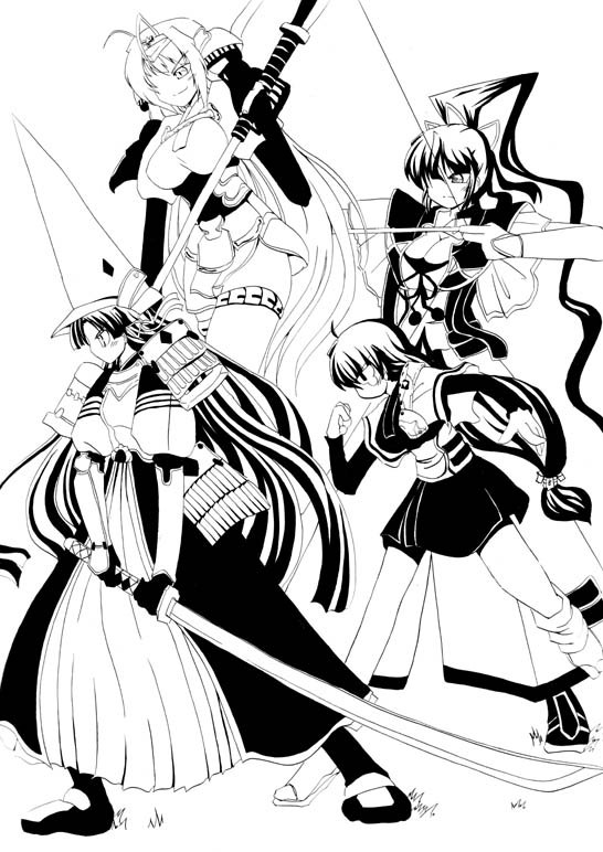 antenna_hair armor arrow bow_(weapon) breasts cleavage greyscale helmet hoshino_souichirou japanese_armor japanese_clothes kataginu katana kentou_kanami kusazuri large_breasts medium_breasts monochrome multiple_girls naginata polearm ponytail rance_(series) samurai sengoku_rance senhime shoulder_armor sode sword uesugi_kenshin_(rance) weapon yamamoto_isoroku_(rance)