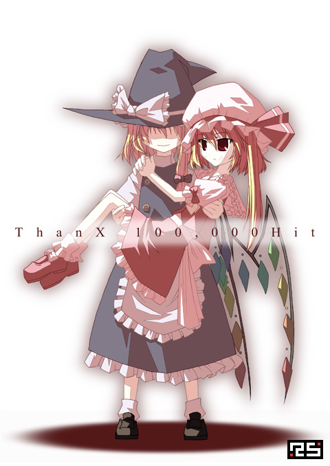 apron blonde_hair bonnet bow female flandre_scarlet footwear frills full_body gradient gradient_background hat hits kiriban kirisame_marisa multiple_girls red_eyes ribbon socks touhou white_background wing wings