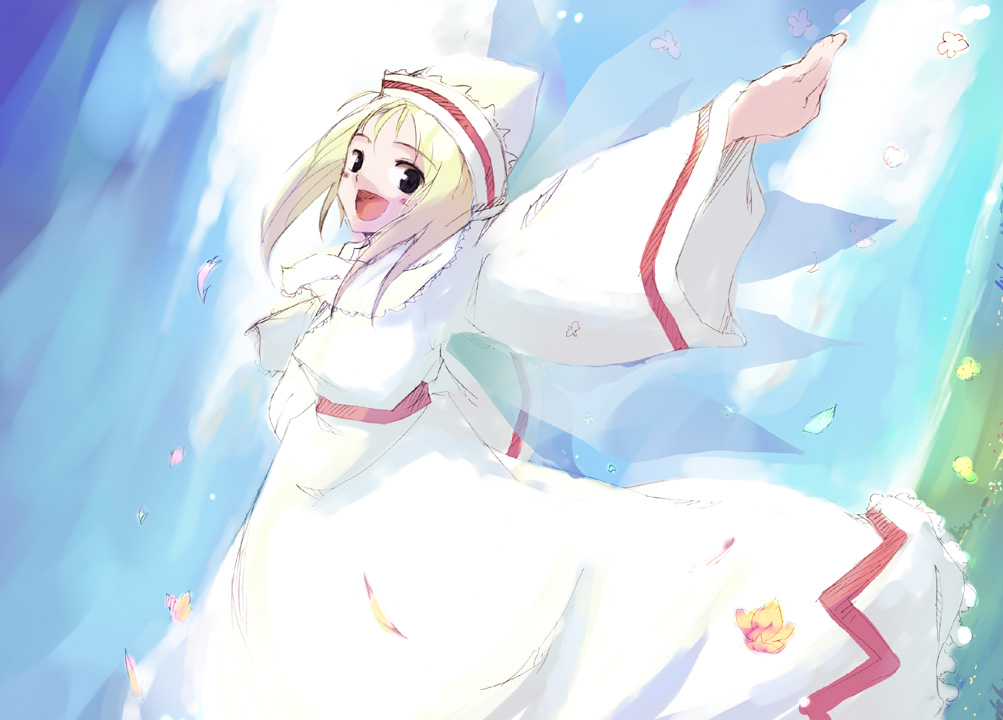 black_eyes blonde_hair fairy fairy_wings floating_hair flower happy hat lily_white looking_at_viewer nature outstretched_arms petals sky solo spread_arms spring_(season) takanashi_akihito touhou wings