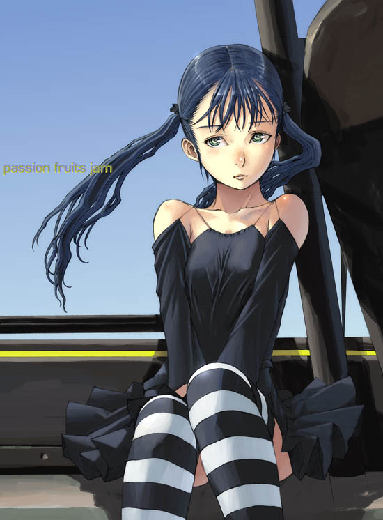 bare_shoulders black_hair copyright_request detached_sleeves dress green_eyes solo striped striped_legwear thighhighs twintails yoneda_taishou