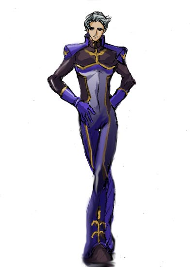 artist_request blue_bodysuit bodysuit code_geass crossed_legs full_body jeremiah_gottwald looking_at_viewer male_focus silver_hair simple_background skin_tight solo standing watson_cross white_background